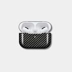 Classic Black Karbon™ 2x2 Twill Woven Carbon Fiber AirPods Case front view showing the high-gloss composite finish.