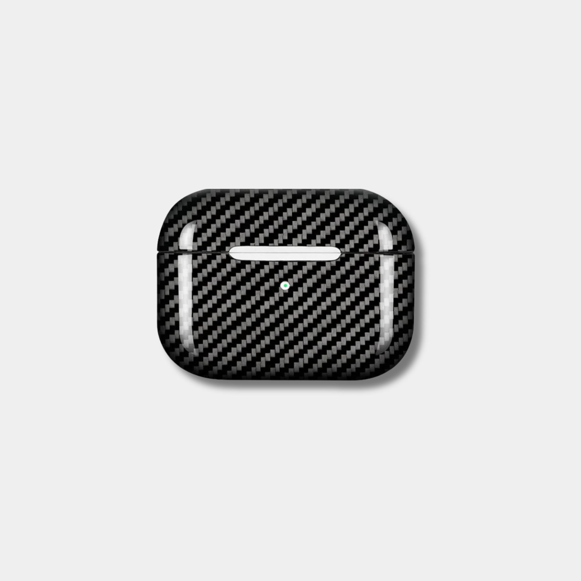 Classic Black Karbon™ 2x2 Twill Woven Carbon Fiber AirPods Case front view showing the high-gloss composite finish.