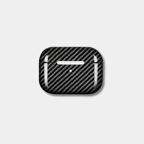 Classic Black Karbon™ 2x2 Twill Woven Carbon Fiber AirPods Case front view showing the high-gloss composite finish.