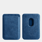 Blue Karbon™ Alcantara® MagSafe Card Wallet showing the front card slot and rear magnetic attachment cutout.