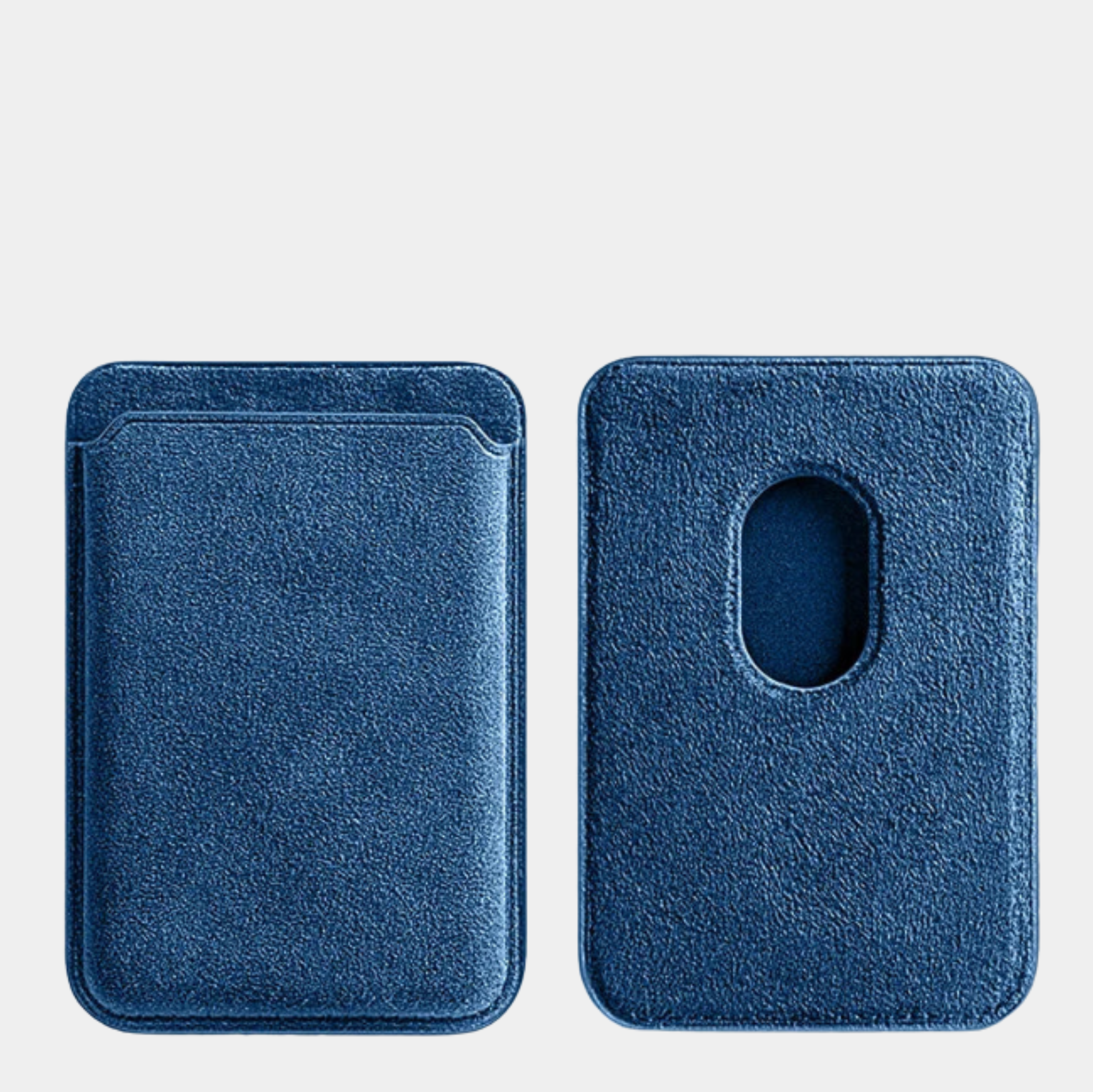 Blue Karbon™ Alcantara® MagSafe Card Wallet showing the front card slot and rear magnetic attachment cutout.
