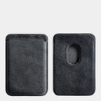 Dark Grey Karbon™ Alcantara® MagSafe Card Wallet showing the front card slot and rear magnetic attachment cutout.