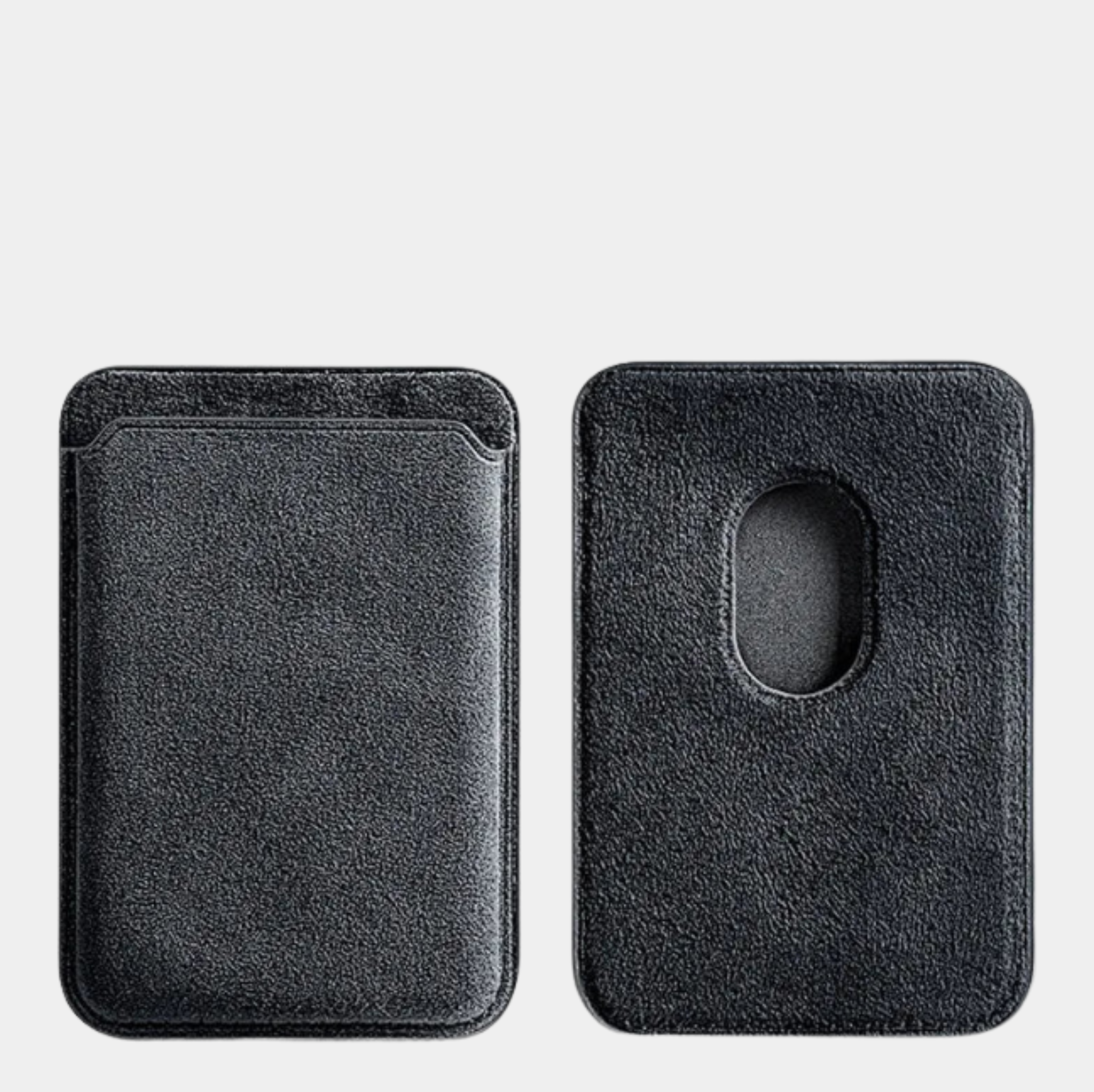 Dark Grey Karbon™ Alcantara® MagSafe Card Wallet showing the front card slot and rear magnetic attachment cutout.