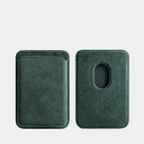 Green Karbon™ Alcantara® MagSafe Card Wallet showing the front card slot and rear magnetic attachment cutout.