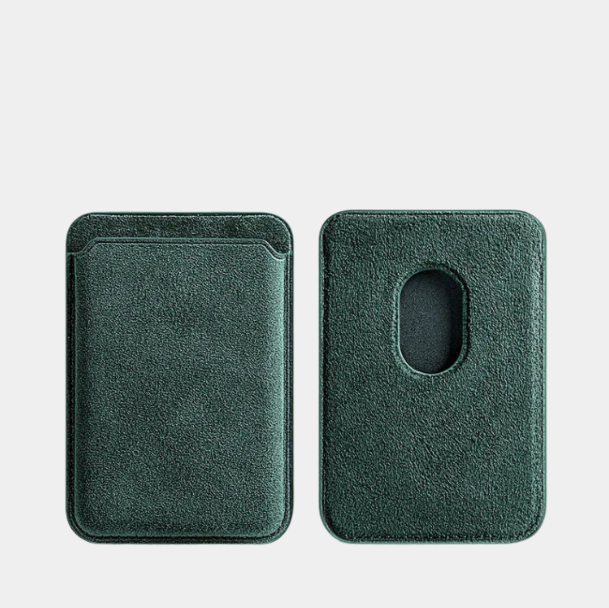 Green Karbon™ Alcantara® MagSafe Card Wallet showing the front card slot and rear magnetic attachment cutout.