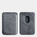 Light Grey Karbon™ Alcantara® MagSafe Card Wallet showing the front card slot and rear magnetic attachment cutout.