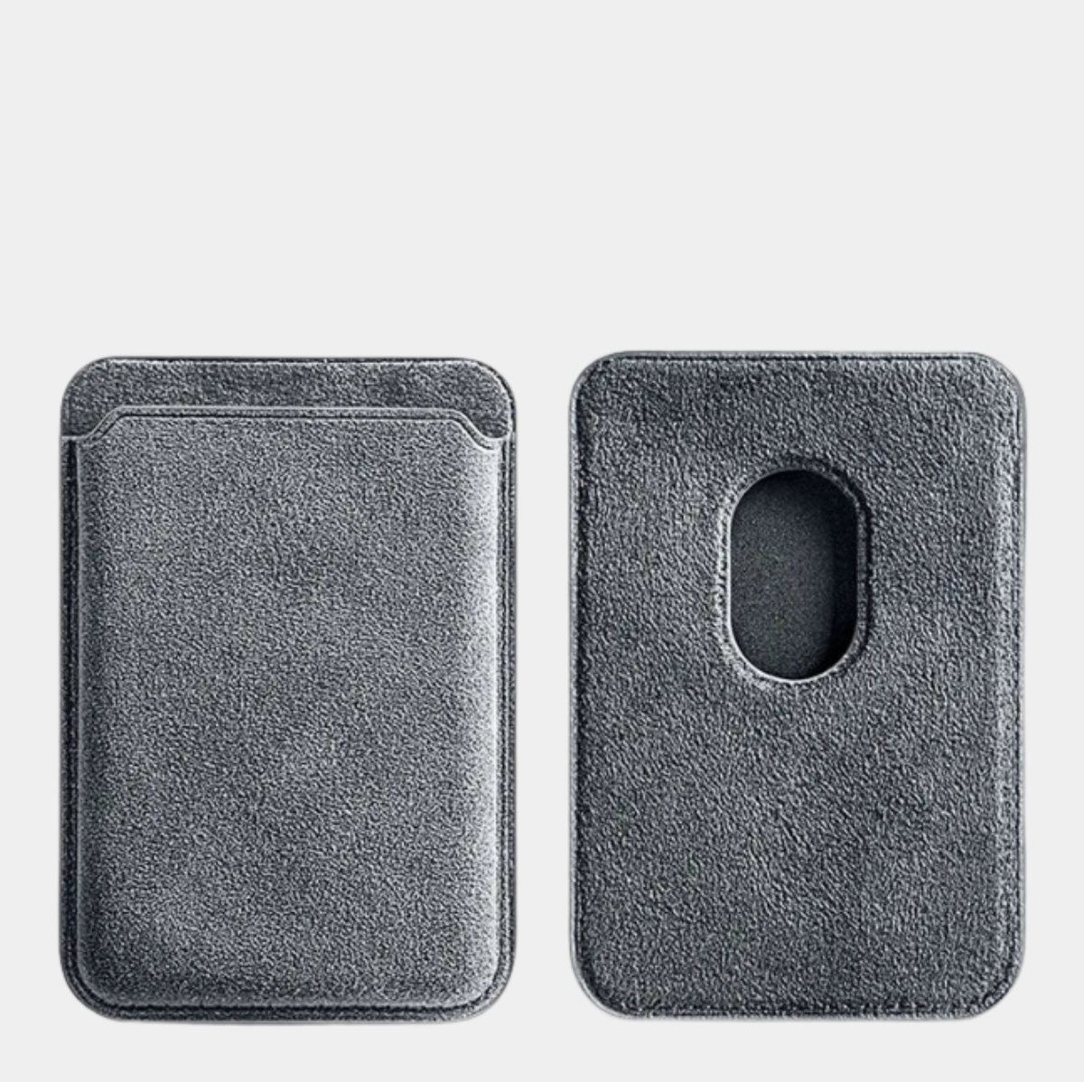 Light Grey Karbon™ Alcantara® MagSafe Card Wallet showing the front card slot and rear magnetic attachment cutout.