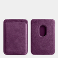 Purple Karbon™ Alcantara® MagSafe Card Wallet showing the front card slot and rear magnetic attachment cutout.