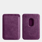 Purple Karbon™ Alcantara® MagSafe Card Wallet showing the front card slot and rear magnetic attachment cutout.