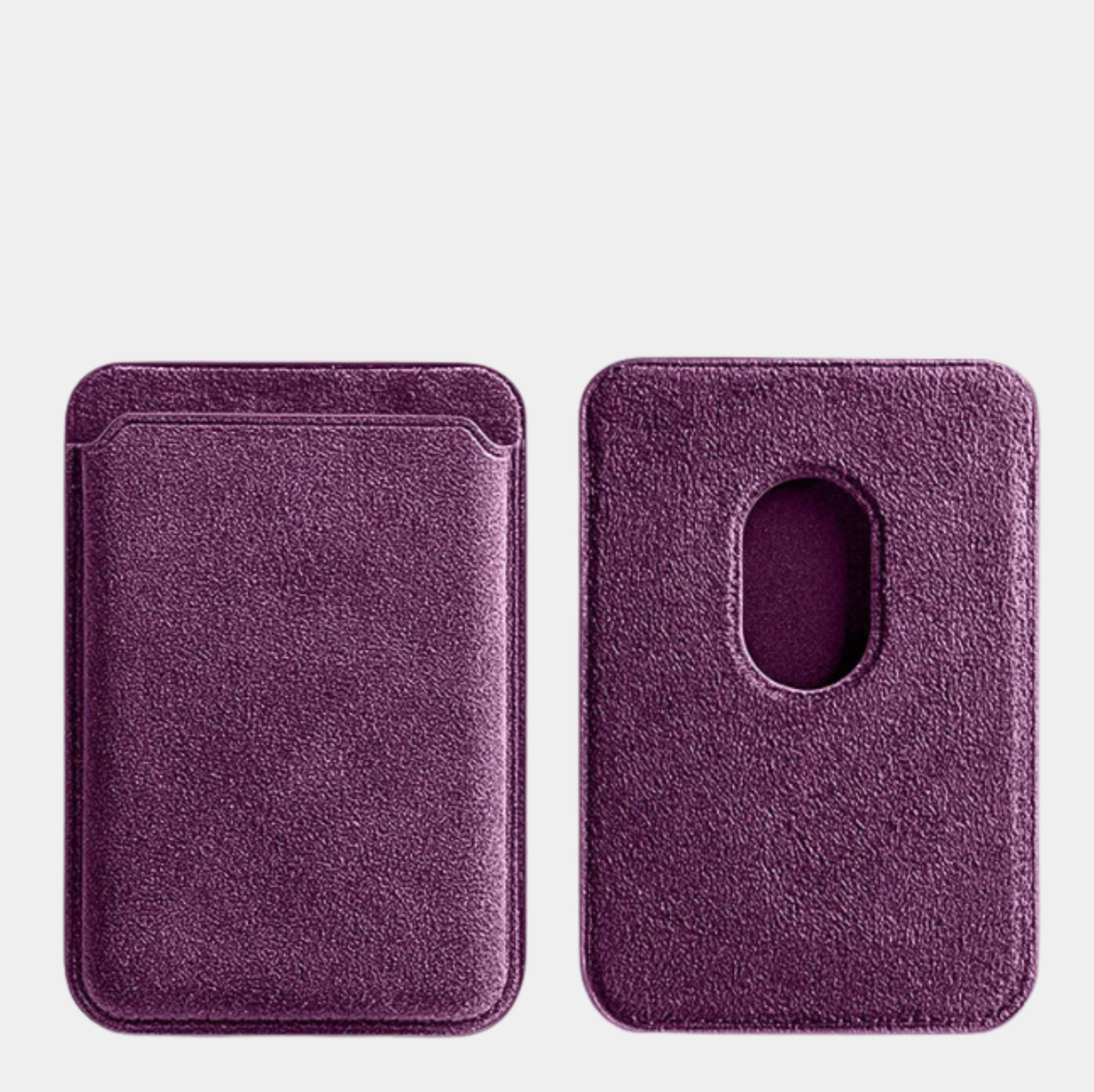 Purple Karbon™ Alcantara® MagSafe Card Wallet showing the front card slot and rear magnetic attachment cutout.