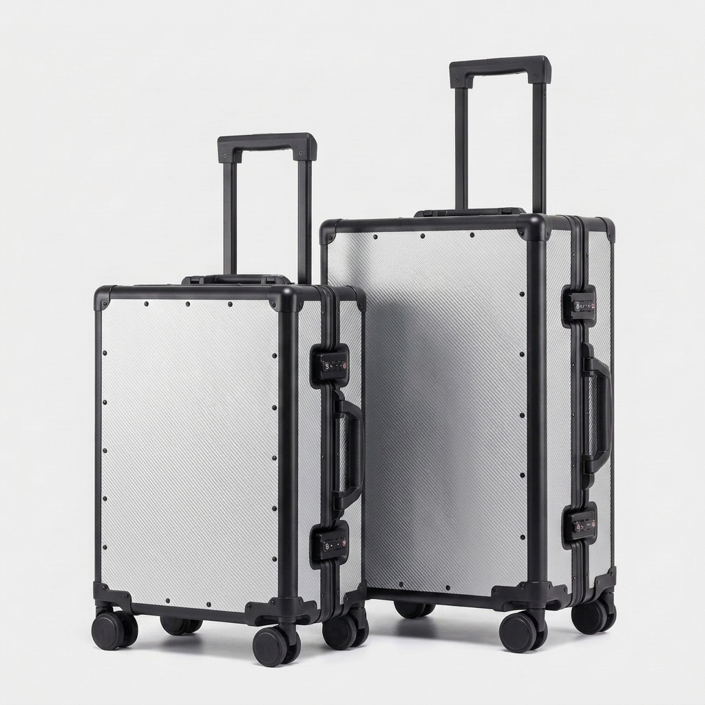 Karbon™ Lightweight Silver Carbon Fiber 20-inch and 24-inch hardside spinner suitcases featuring a reinforced aluminum frame and dual TSA locks on a studio background.