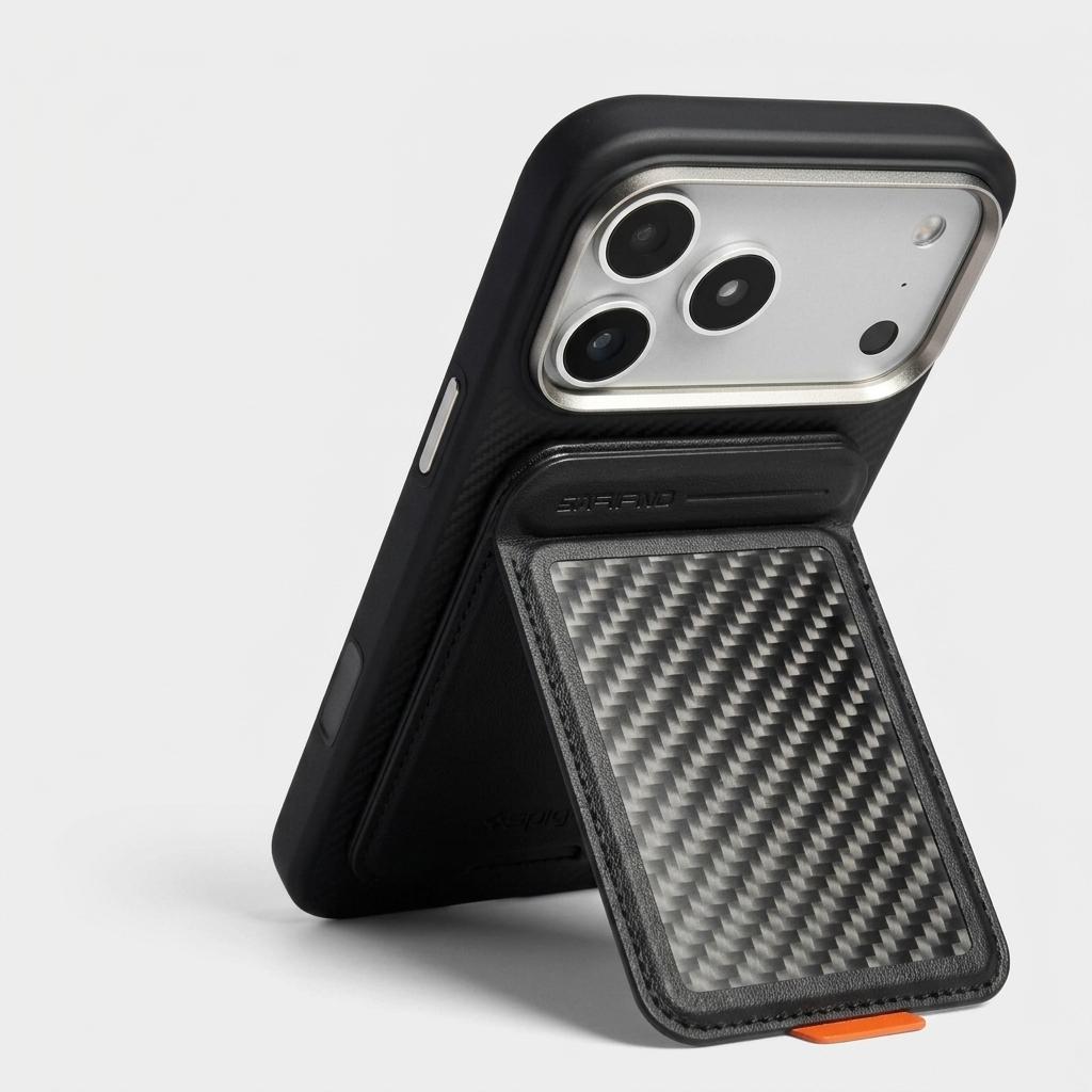 Karbon™ Classic MagSafe Wallet & Stand in black carbon fiber with magnetic card storage and fold-out stand