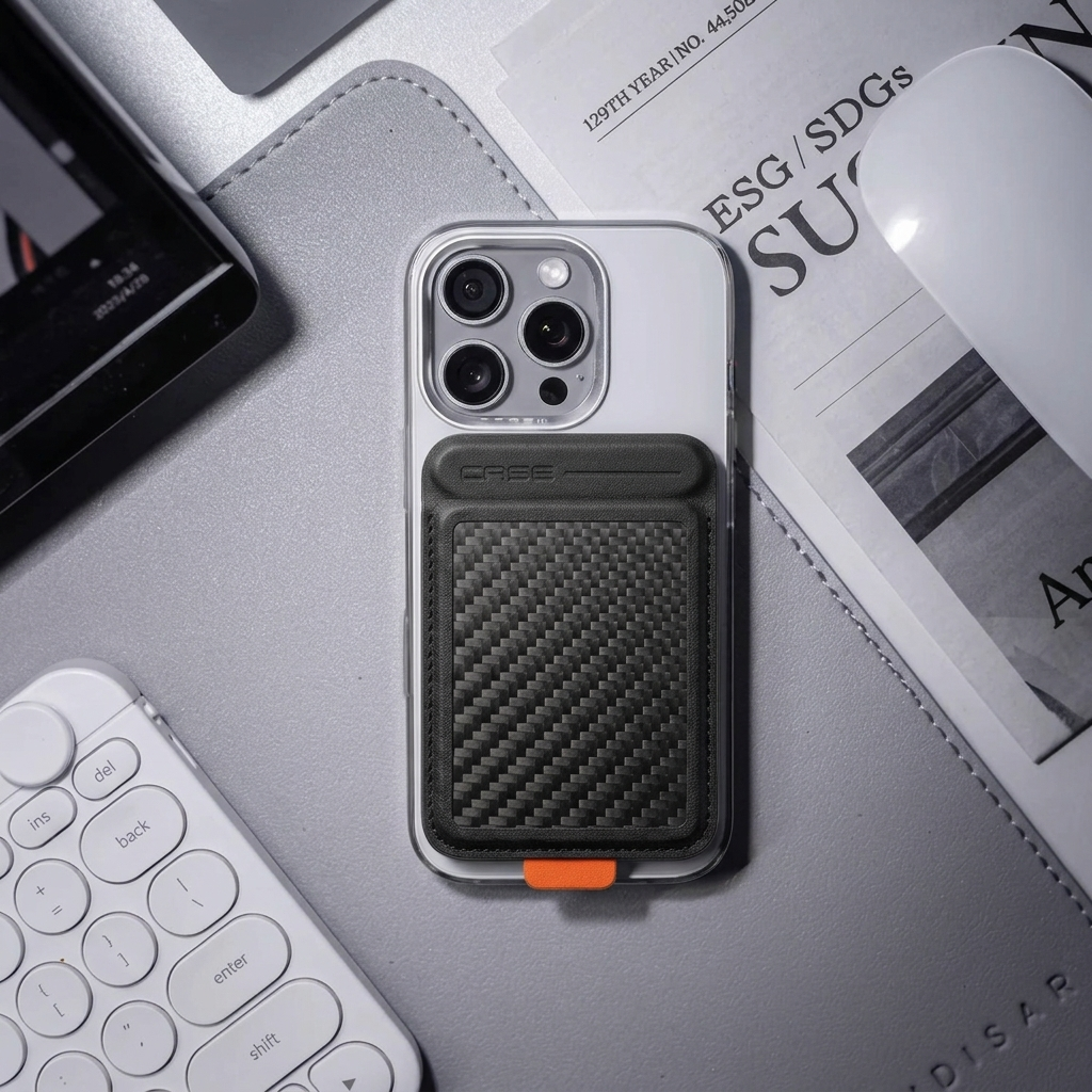 Karbon™ Classic MagSafe Wallet & Stand in black carbon fiber with magnetic card storage and fold-out stand