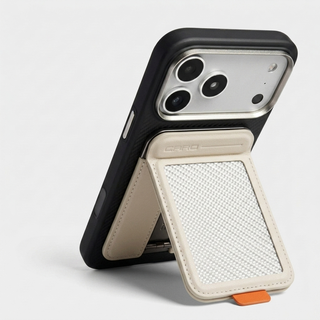 Karbon™ Classic MagSafe Wallet & Stand in white carbon fiber with magnetic card storage and fold-out stand