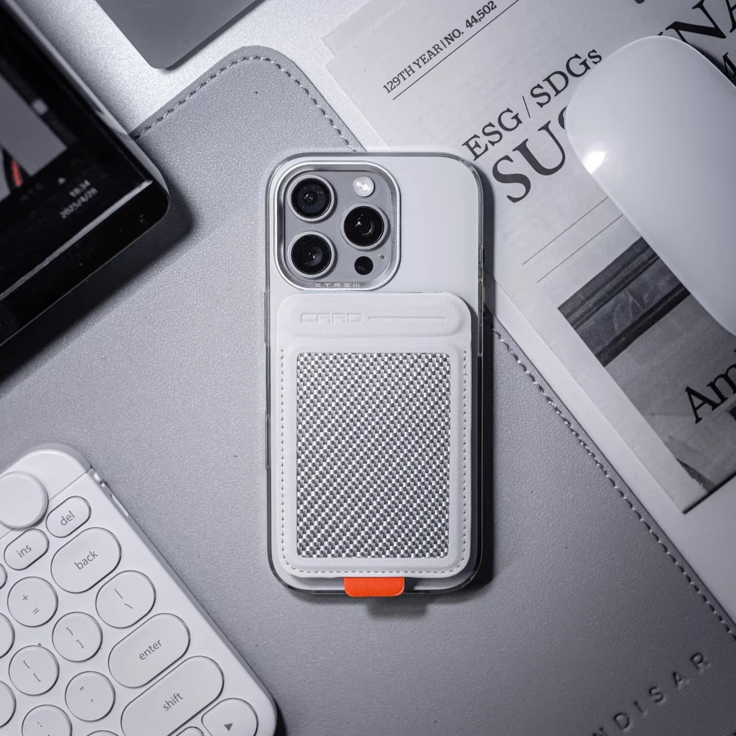 Karbon™ Classic MagSafe Wallet & Stand in white carbon fiber with magnetic card storage and fold-out stand