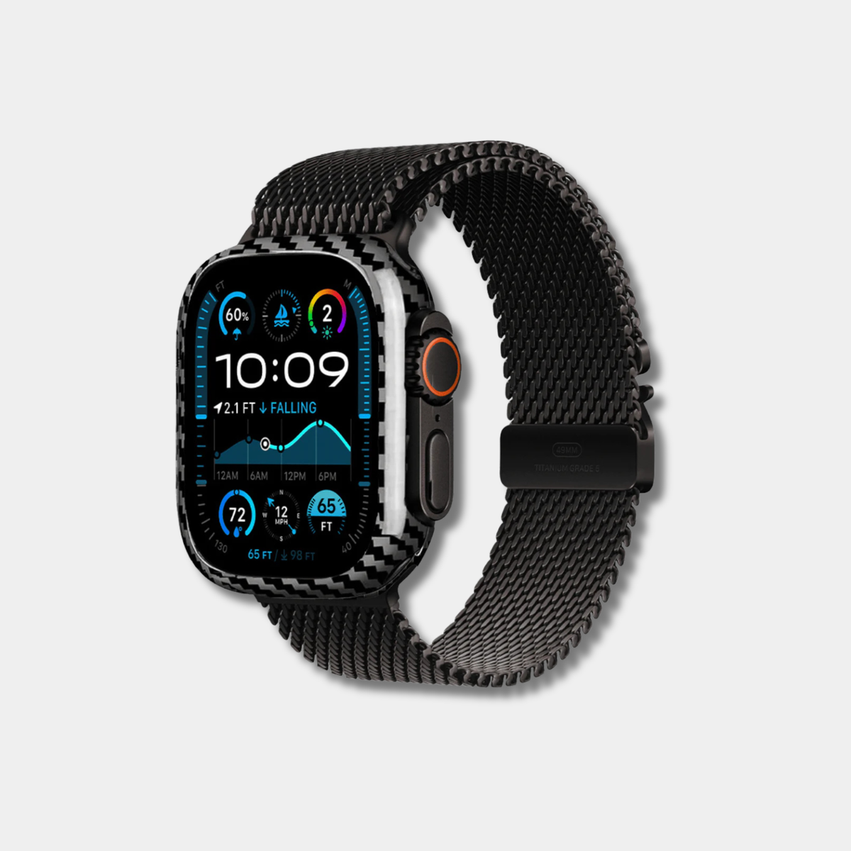 Apple Watch with genuine classic 2x2 twill woven carbon fiber case by Karbon Technik, displaying a high-gloss composite finish.