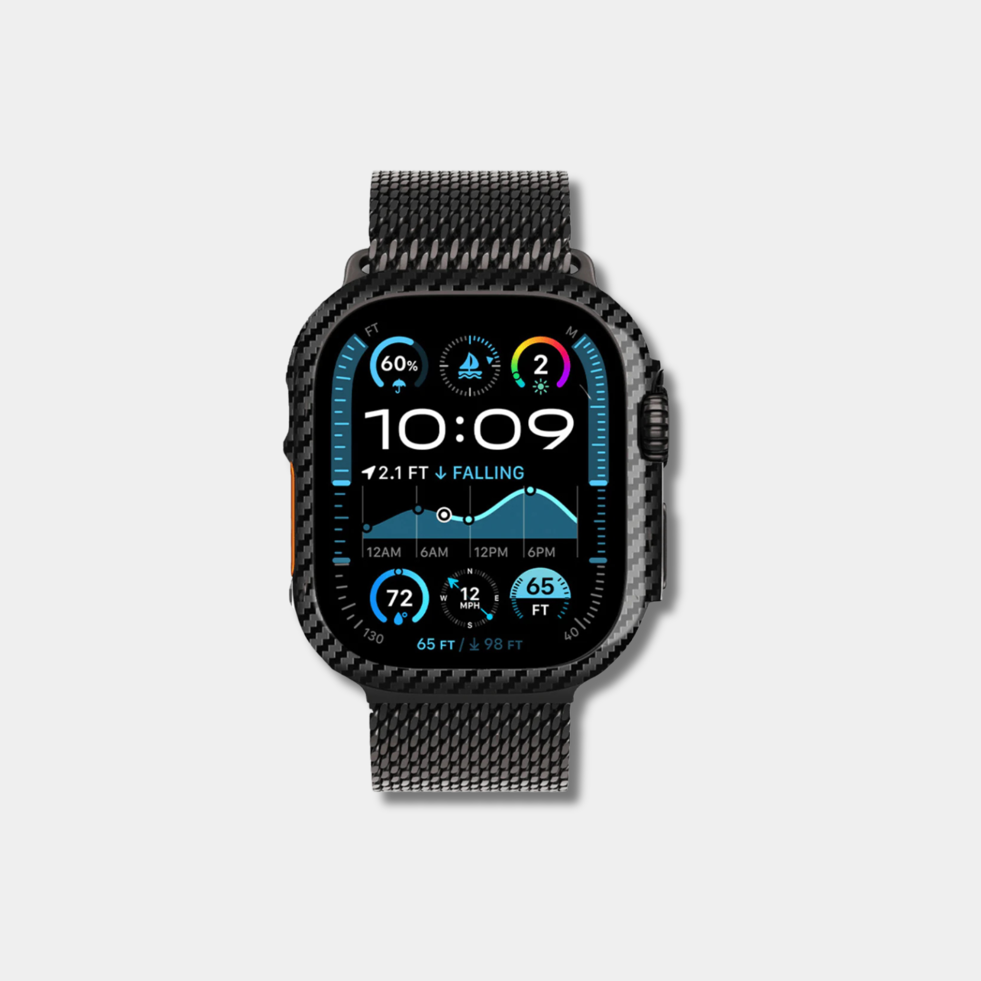 Apple Watch with genuine classic 2x2 twill woven carbon fiber case by Karbon Technik, displaying a high-gloss composite finish.