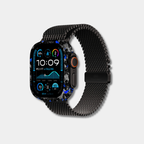 Apple Watch with genuine raw forged carbon fiber bumper case featuring vibrant blue composite flakes by Karbon Technik.