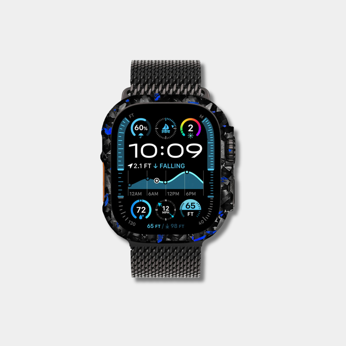 Apple Watch with genuine raw forged carbon fiber bumper case featuring vibrant blue composite flakes by Karbon Technik.
