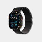 Apple Watch with genuine raw forged carbon fiber bumper case featuring vibrant gold composite flakes by Karbon Technik.