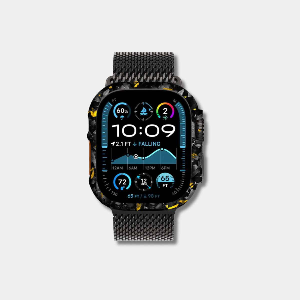 Apple Watch with genuine raw forged carbon fiber bumper case featuring vibrant gold composite flakes by Karbon Technik.