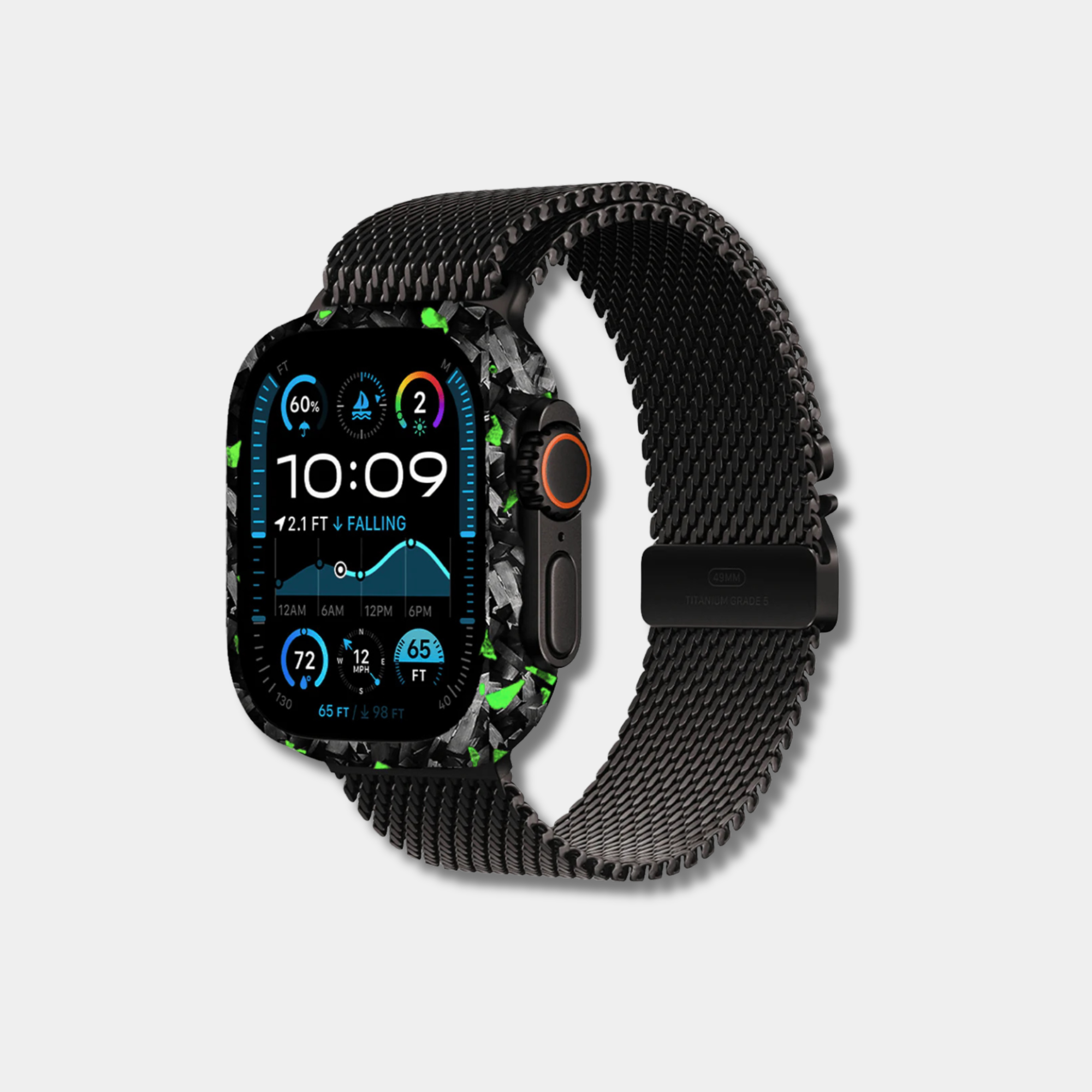 Apple Watch with genuine raw forged carbon fiber bumper case featuring vibrant green composite flakes by Karbon Technik.
