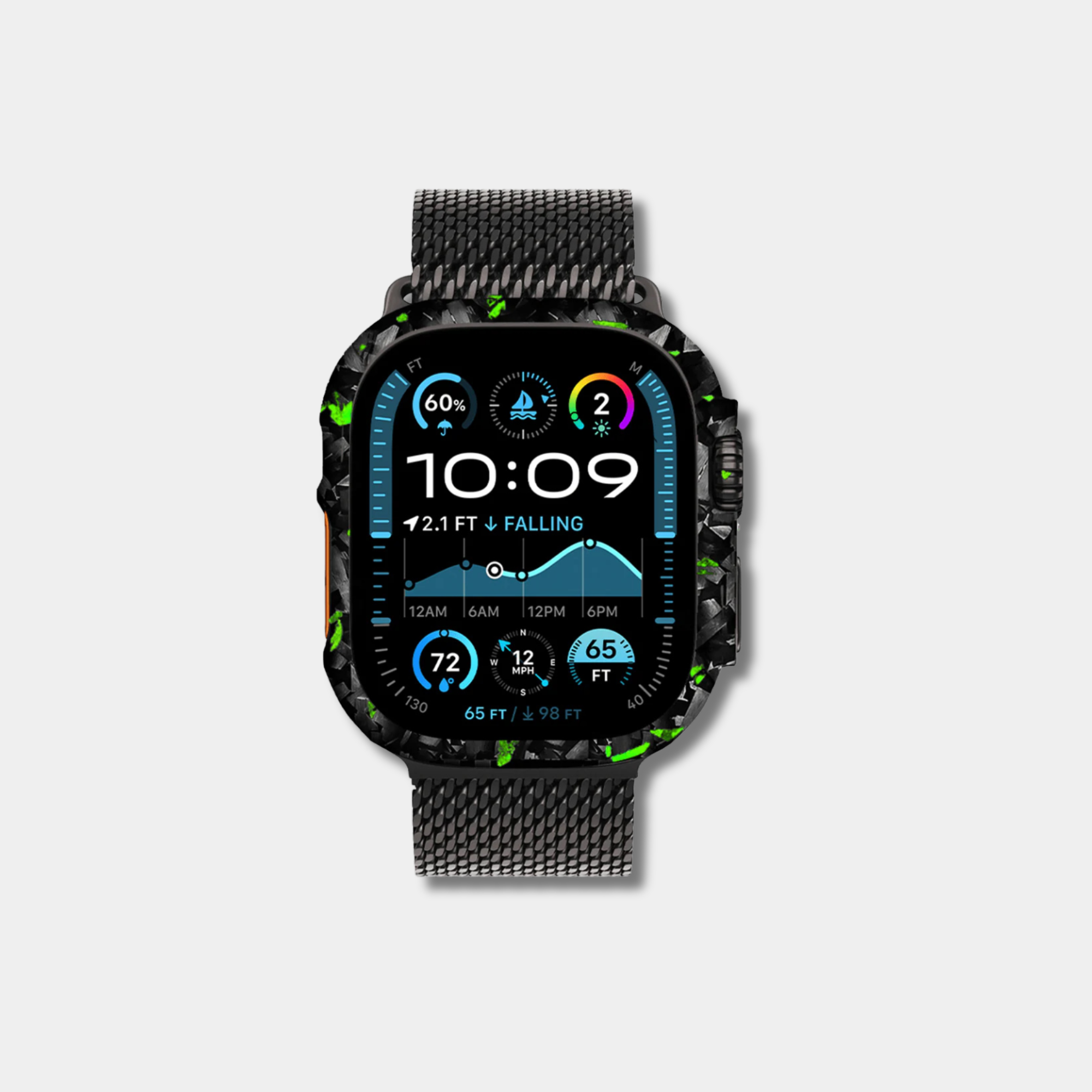Apple Watch with genuine raw forged carbon fiber bumper case featuring vibrant green composite flakes by Karbon Technik.