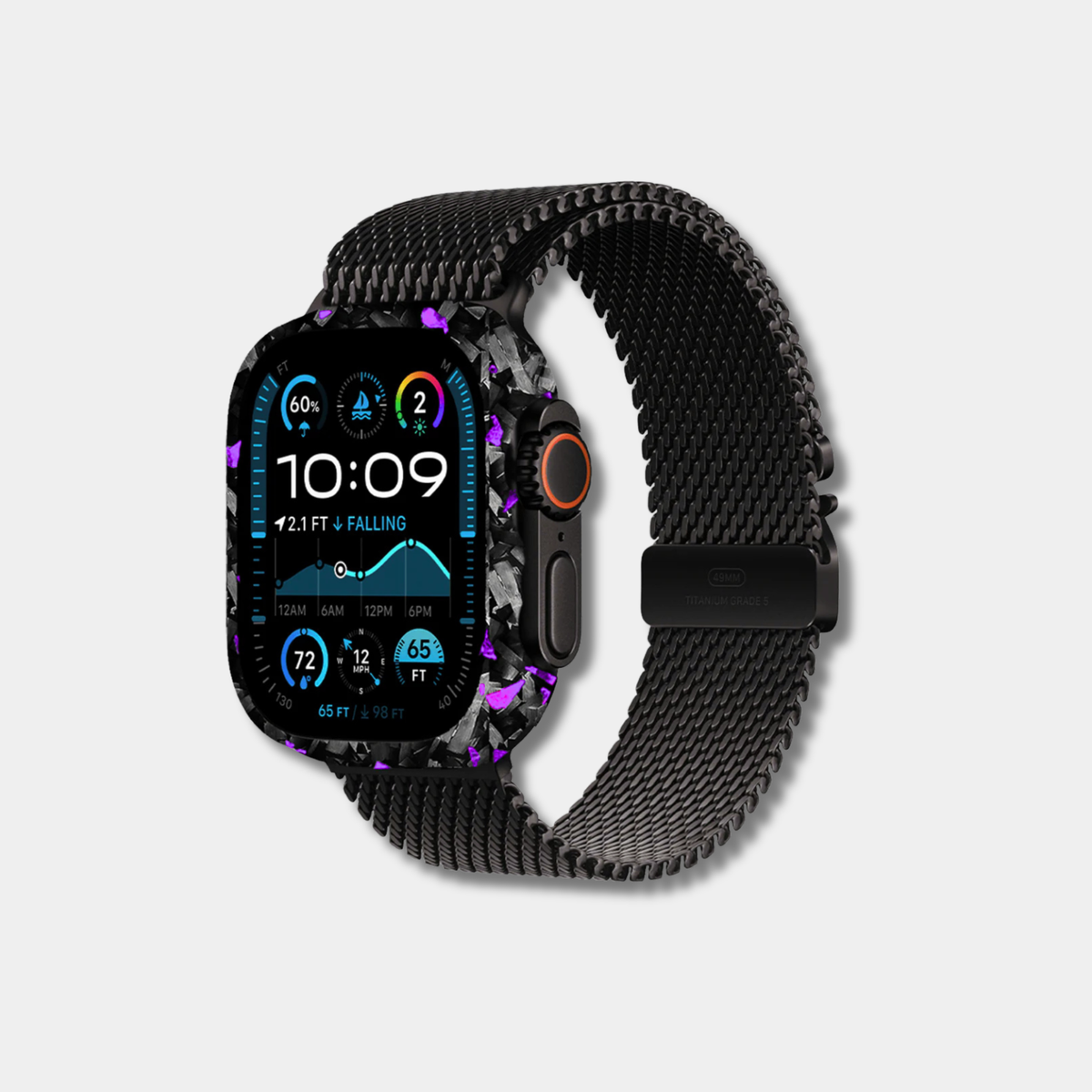 Apple Watch with genuine raw forged carbon fiber bumper case featuring vibrant purple composite flakes by Karbon Technik.