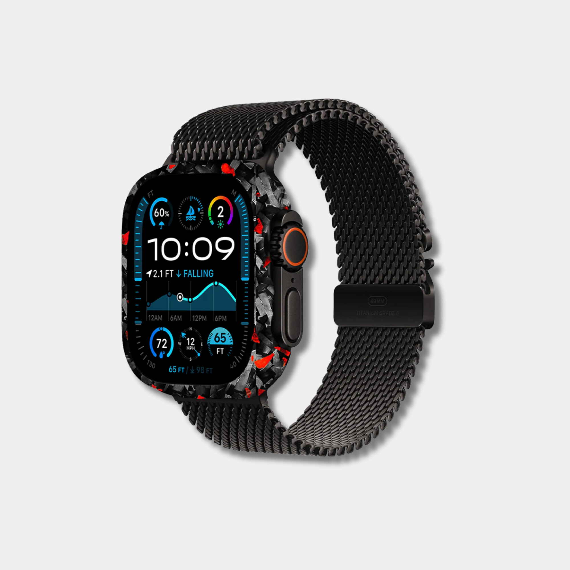Apple Watch with genuine raw forged carbon fiber bumper case featuring vibrant red composite flakes by Karbon Technik.