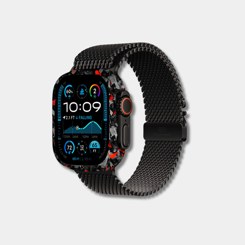 Apple Watch with genuine raw forged carbon fiber bumper case featuring vibrant red composite flakes by Karbon Technik.