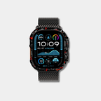 Apple Watch with genuine raw forged carbon fiber bumper case featuring vibrant red composite flakes by Karbon Technik.