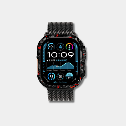 Apple Watch with genuine raw forged carbon fiber bumper case featuring vibrant red composite flakes by Karbon Technik.