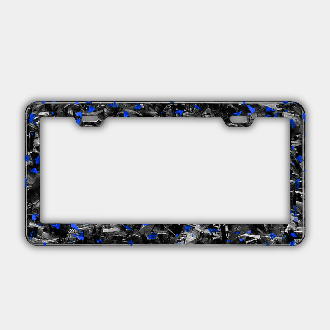 Karbon Technik blue coloured forged carbon car licence plate frame, front view.