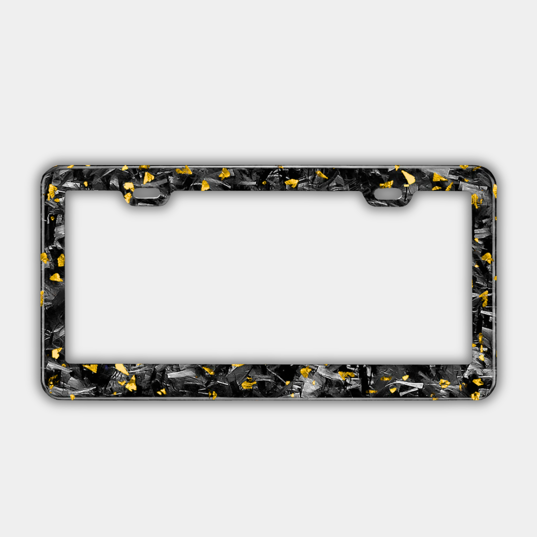 Karbon Technik gold coloured forged carbon car licence plate frame, front view.