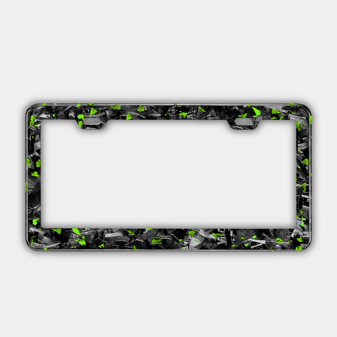 Karbon Technik green coloured forged carbon car licence plate frame, front view.