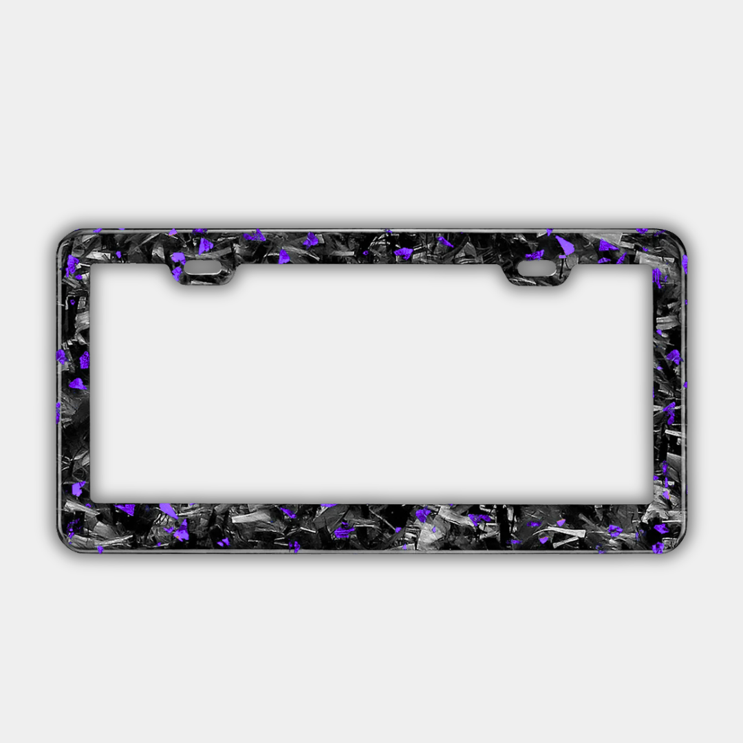 Karbon Technik purple coloured forged carbon car licence plate frame, front view.