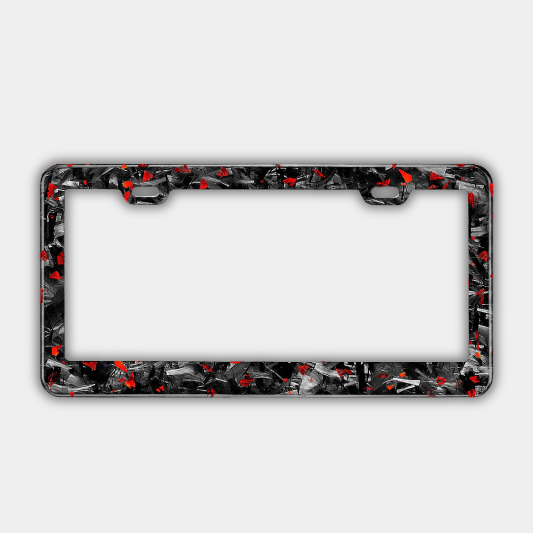 Karbon Technik red coloured forged carbon car licence plate frame, front view.