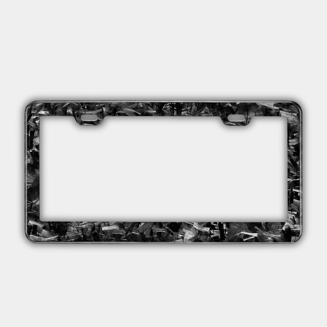 Karbon Technik forged carbon car licence plate frame, front view with marbled black and grey finish.