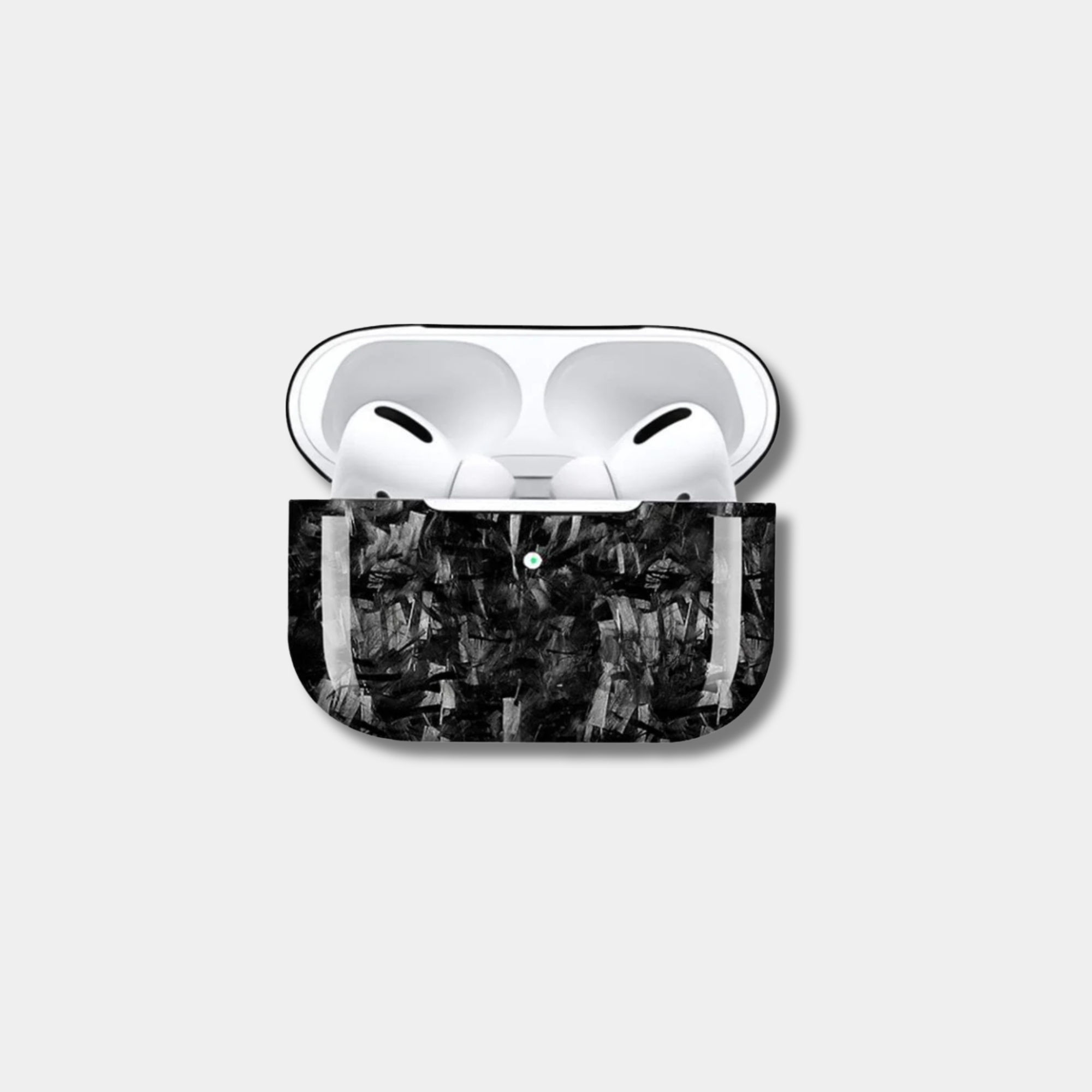 Apple AirPods case made from genuine forged carbon fiber by Karbon Technik, displaying a high-gloss marbled composite finish.