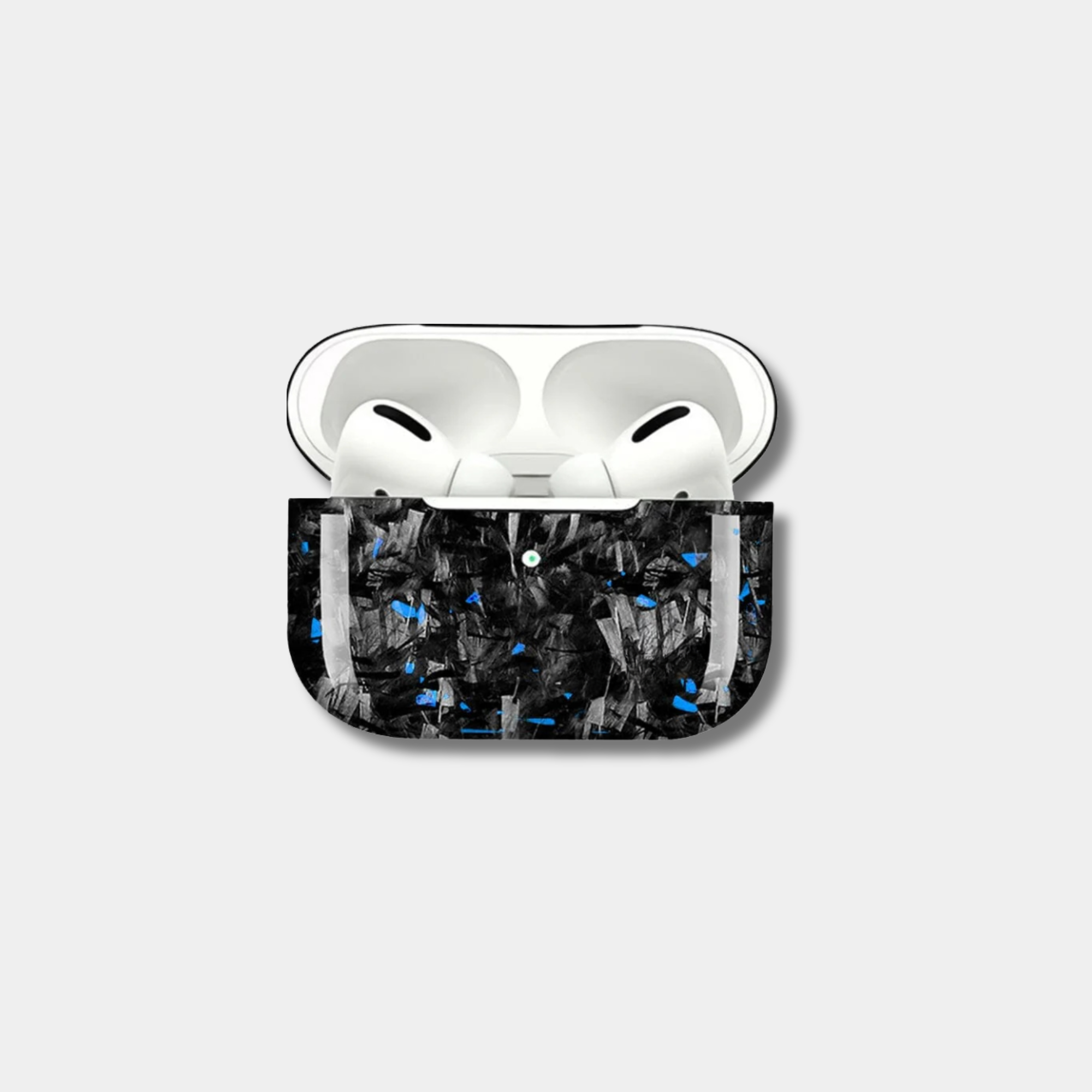 Apple AirPods case made from genuine forged carbon fiber with vibrant blue specks by Karbon Technik, displaying a high-gloss marbled composite finish.
