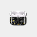 Apple AirPods case made from genuine forged carbon fiber with vibrant gold specks by Karbon Technik, displaying a high-gloss marbled composite finish.