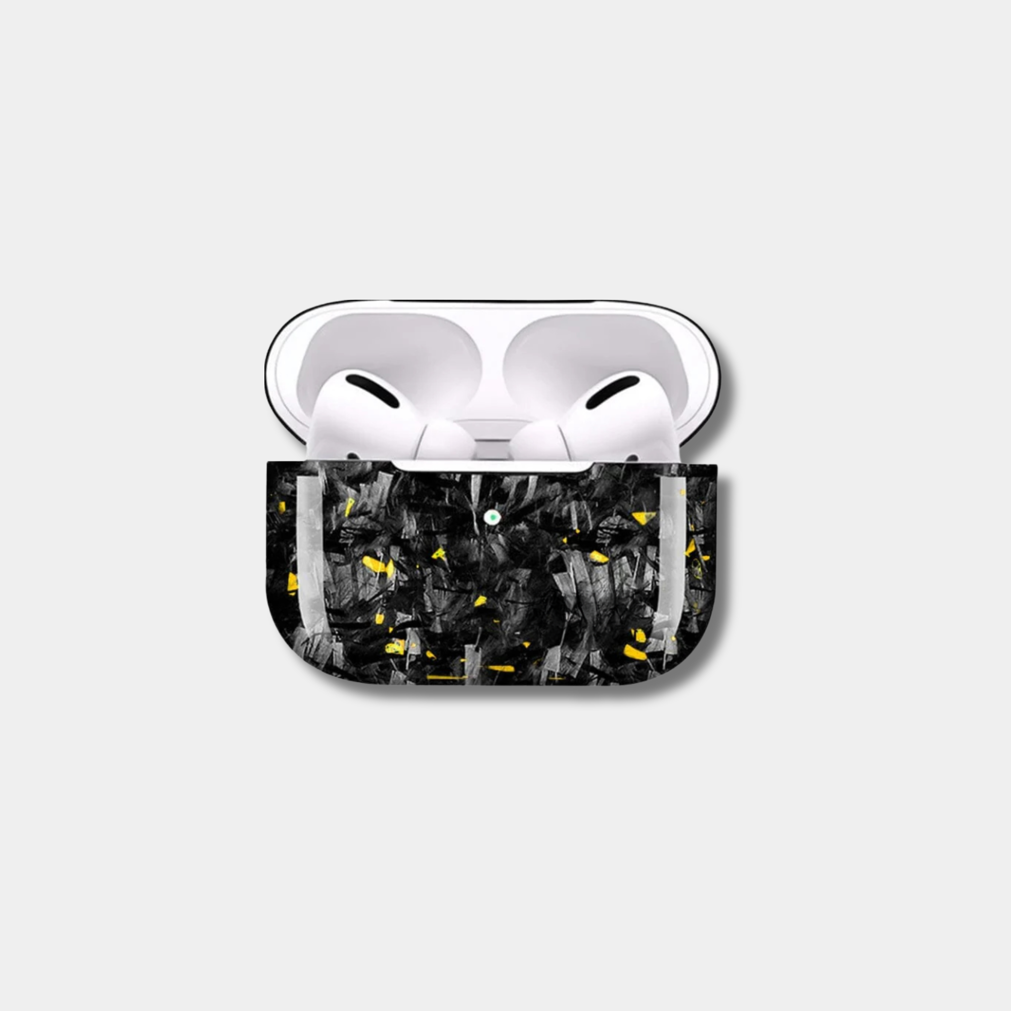Apple AirPods case made from genuine forged carbon fiber with vibrant gold specks by Karbon Technik, displaying a high-gloss marbled composite finish.