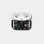 Apple AirPods case made from genuine forged carbon fiber with vibrant green specks by Karbon Technik, displaying a high-gloss marbled composite finish.