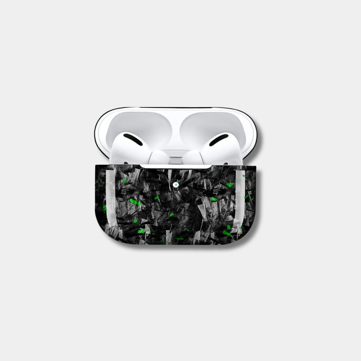 Apple AirPods case made from genuine forged carbon fiber with vibrant green specks by Karbon Technik, displaying a high-gloss marbled composite finish.