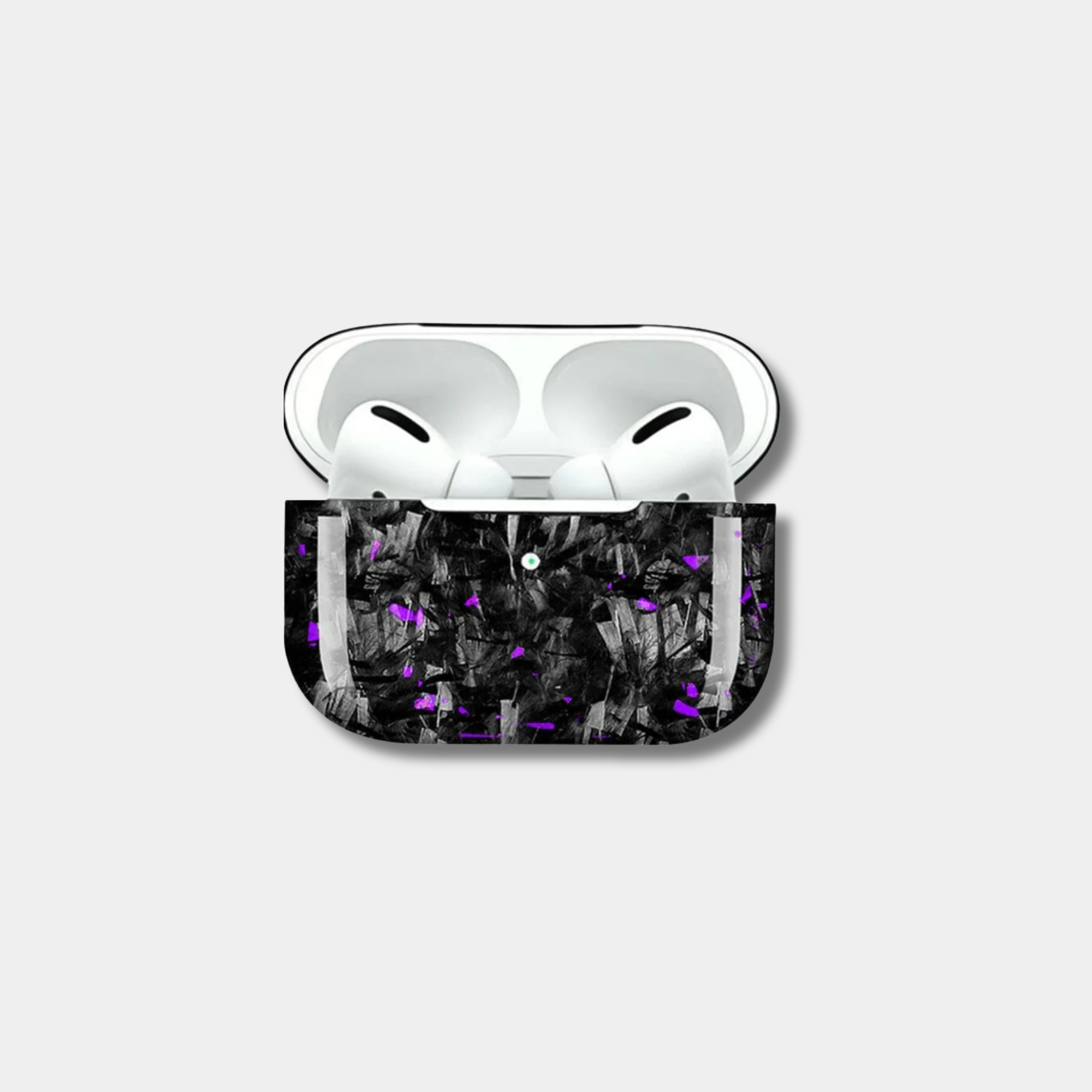 Apple AirPods case made from genuine forged carbon fiber with vibrant purple specks by Karbon Technik, displaying a high-gloss marbled composite finish.