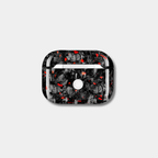 Back side of Apple AirPods case made from genuine forged carbon fiber with vibrant red specks by Karbon Technik, displaying a high-gloss marbled composite finish.