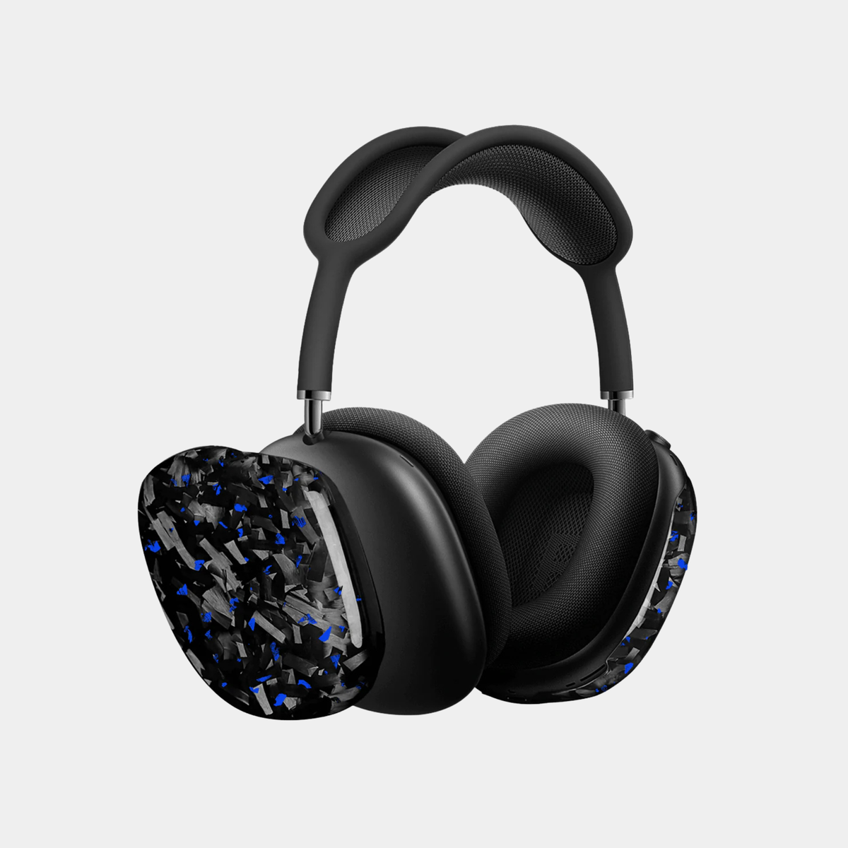 Apple AirPods Max with blue-accented forged carbon fiber covers by Karbon Technik, showcasing a high-gloss marbled composite finish.