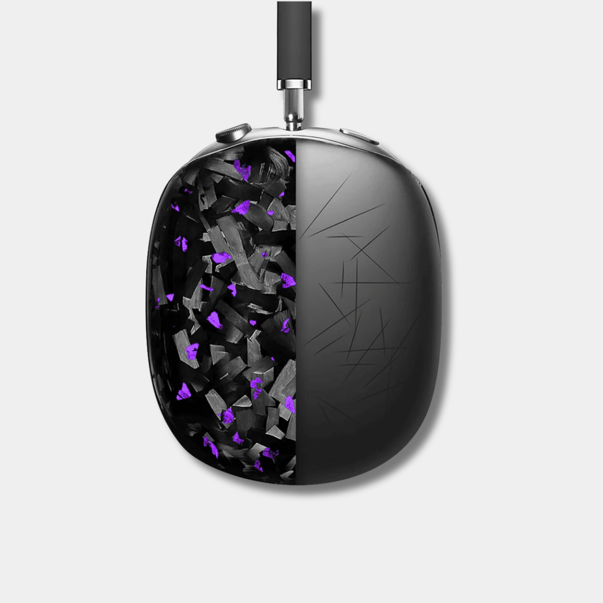 Apple AirPods Max with purple-accented forged carbon fiber covers by Karbon Technik, showcasing a high-gloss marbled composite finish.
