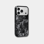 Genuine Forged Carbon Fiber protective case for an iPhone featuring a unique black forged pattern, built-in MagSafe, and precision cutouts.