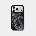 Genuine Forged Carbon Fiber protective case for an iPhone featuring a unique black forged pattern, built-in MagSafe, and precision cutouts.